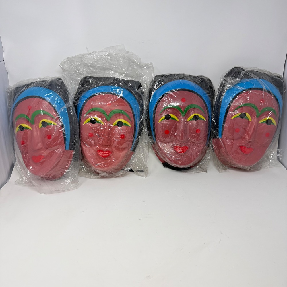 4 Vintage 1990s Korean Plastic Mask Traditional Gaksital Bride Talchum Folk Art
